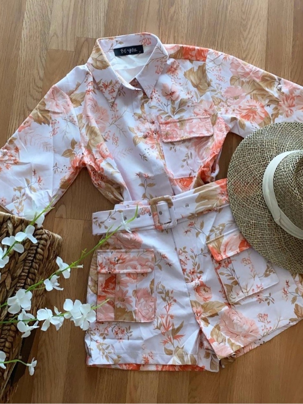 Floral Utility Shirt Jacket and short in Peach White